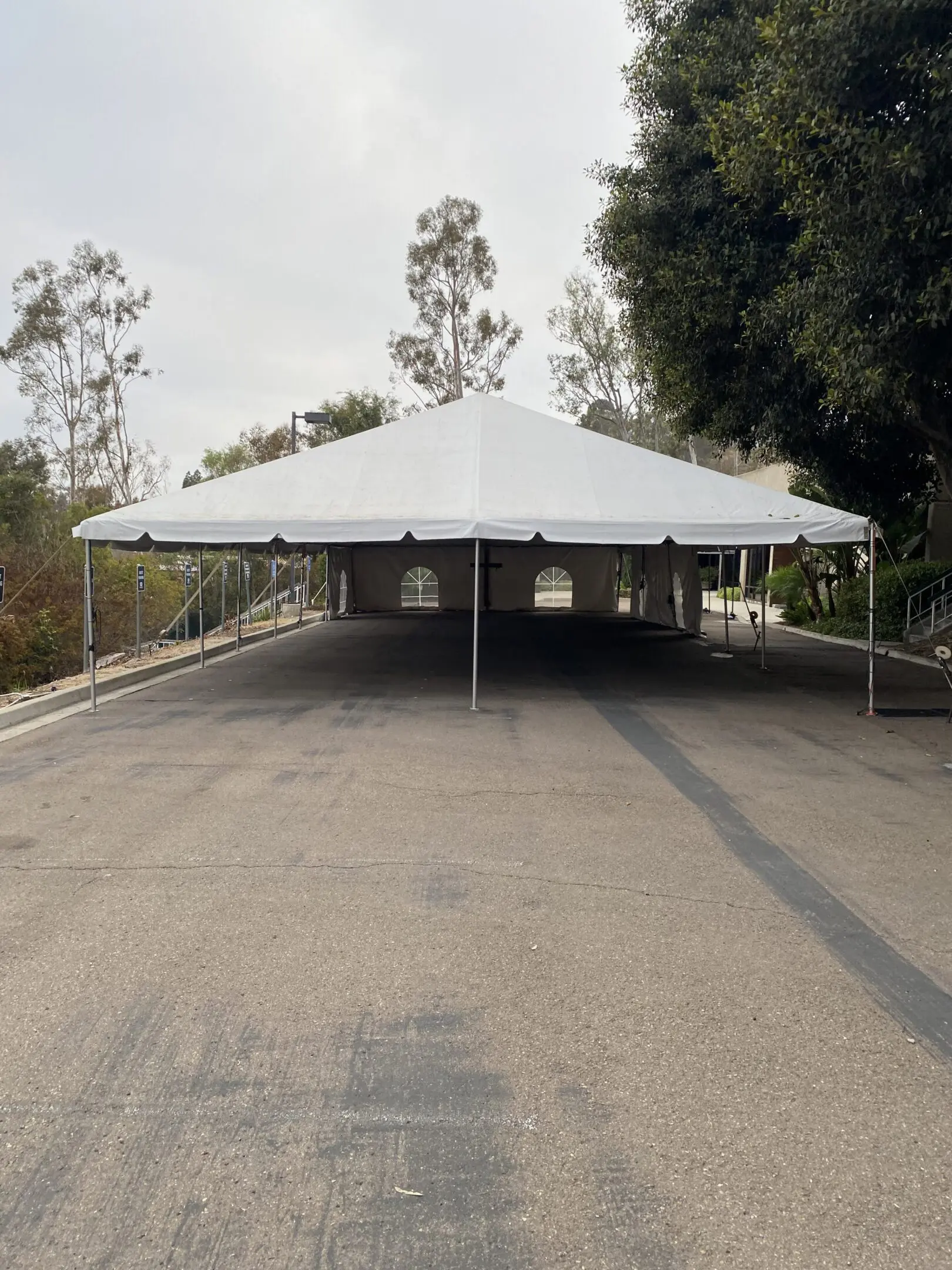 30' x 70' Used Engineered Frame Tent w/ 18 Oz. White Top (2" diameter Single-Tube & 4" Double Barrel Twin -Tube Hybrid)