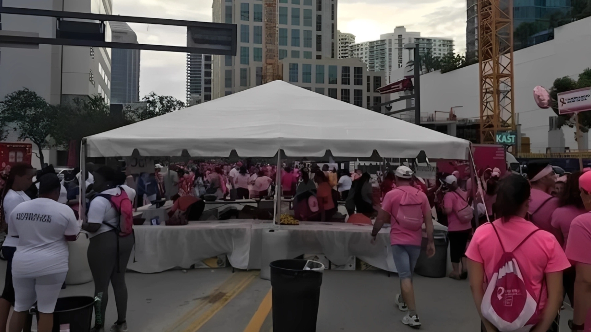 Crowded outdoor gathering with pink theme