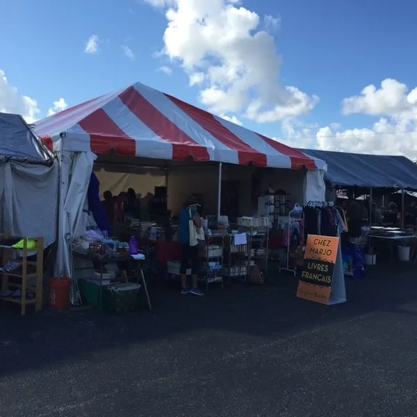 Outdoor book market with striped canopy