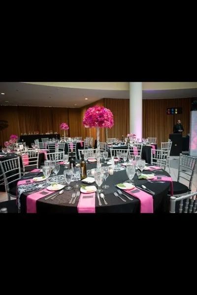 Wedding reception setup with floral centerpieces