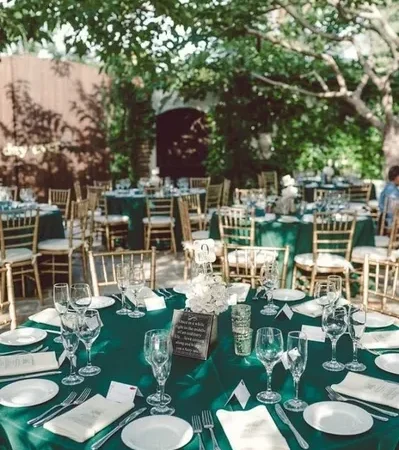 Beautiful garden party setup with gold chairs