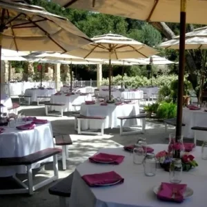 Outdoor dining setup with umbrellas