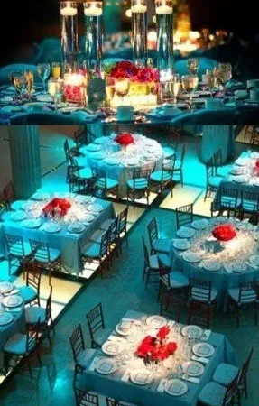 Elegant banquet tables with floral centerpieces