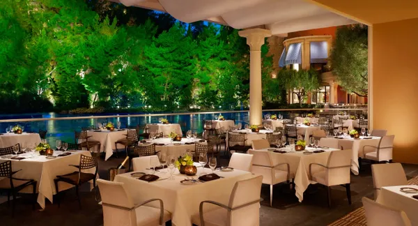 Luxurious patio dining area with greenery