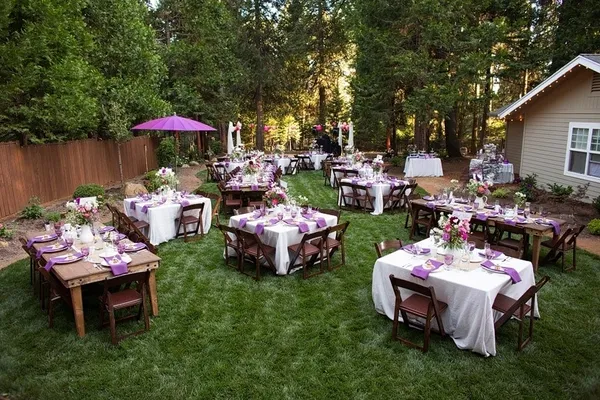 Outdoor garden wedding reception setup