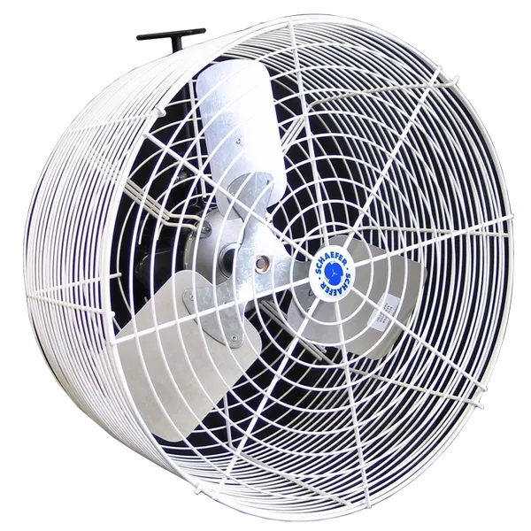 Large white metal-caged industrial fan
