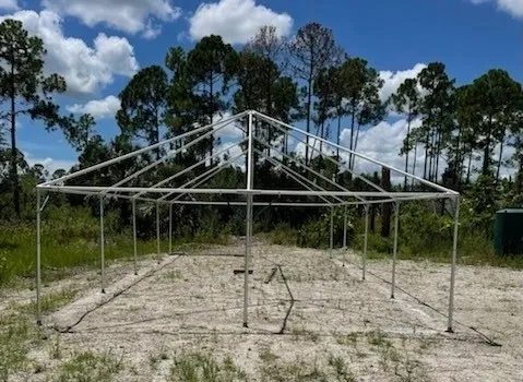 Temporary outdoor structure under blue sky