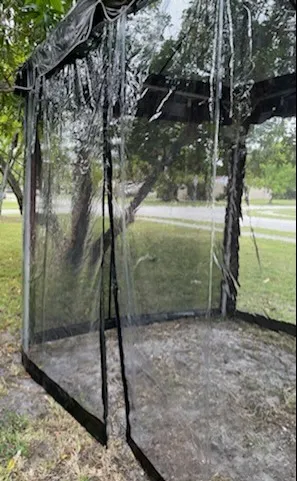 Rain-soaked gazebo in a garden