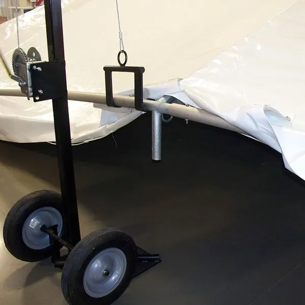 Close-up of trailer winch and wheels