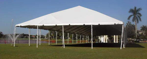 Outdoor tent setup under blue sky