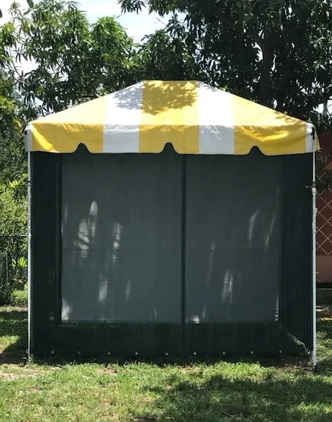 Outdoor shelter with yellow stripes