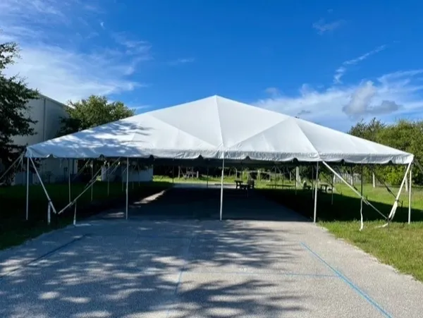 Temporary shelter with clear blue sky