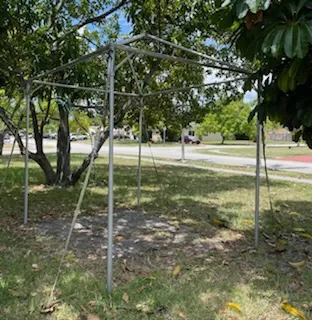 Metal tent frame in a park