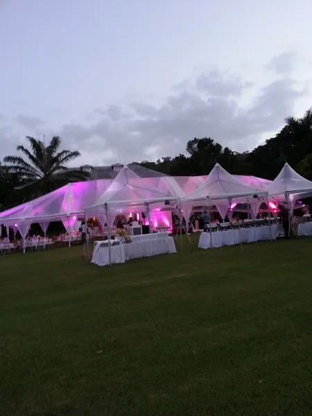 Festive tents in twilight setting