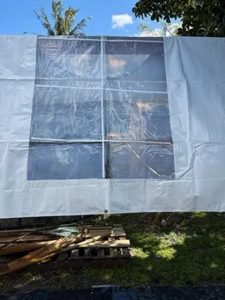 Plastic tarp with window outdoors